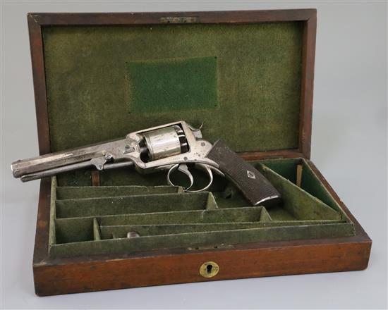 A cased 54 bore Webley patent five shot double action wedge frame percussion revolver, c.1860, retailed by F J Smith & Co. London,
